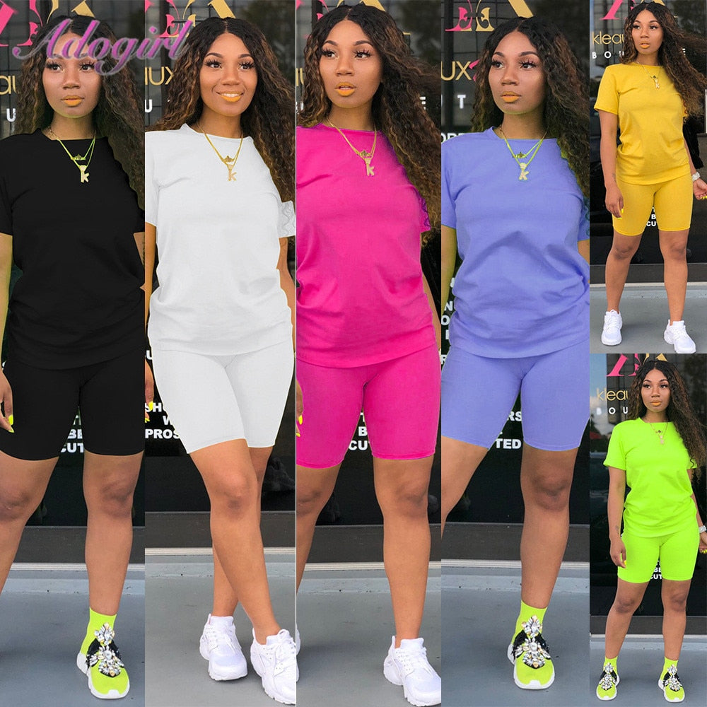 Women Tracksuit 2 Piece Set Solid Short Sleeve Crop Tops T-Shirt Short Pants Suit Matching Set Female Joggers Sportwear Fitness