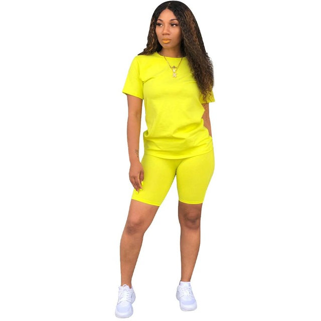 Women Tracksuit 2 Piece Set Solid Short Sleeve Crop Tops T-Shirt Short Pants Suit Matching Set Female Joggers Sportwear Fitness