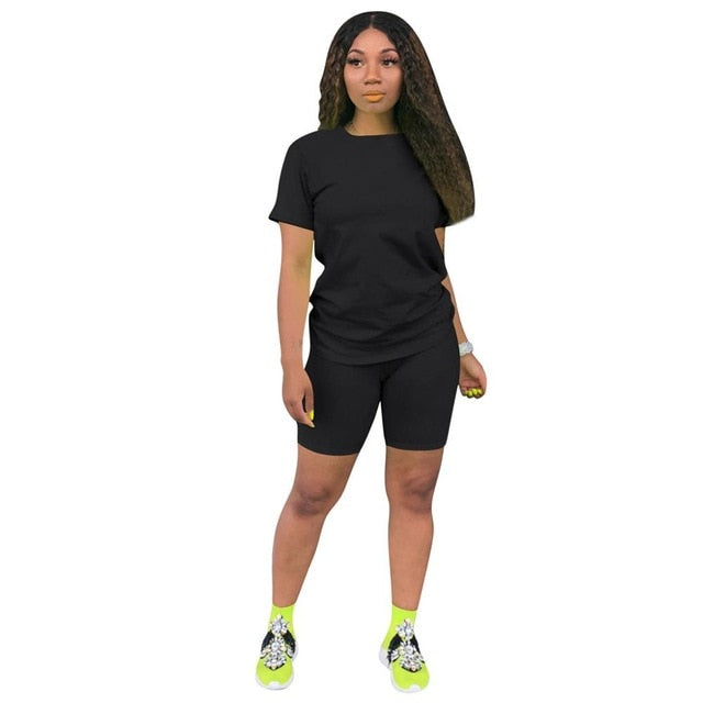 Women Tracksuit 2 Piece Set Solid Short Sleeve Crop Tops T-Shirt Short Pants Suit Matching Set Female Joggers Sportwear Fitness