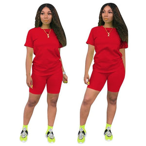 Women Tracksuit 2 Piece Set Solid Short Sleeve Crop Tops T-Shirt Short Pants Suit Matching Set Female Joggers Sportwear Fitness