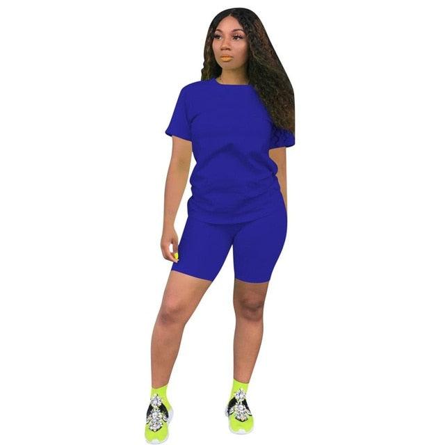 Women Tracksuit 2 Piece Set Solid Short Sleeve Crop Tops T-Shirt Short Pants Suit Matching Set Female Joggers Sportwear Fitness