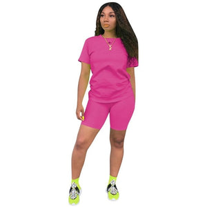 Women Tracksuit 2 Piece Set Solid Short Sleeve Crop Tops T-Shirt Short Pants Suit Matching Set Female Joggers Sportwear Fitness