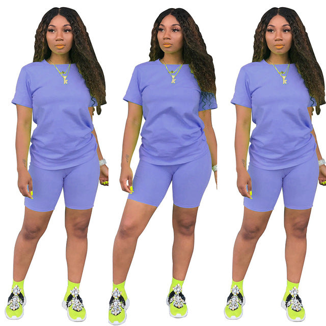 Women Tracksuit 2 Piece Set Solid Short Sleeve Crop Tops T-Shirt Short Pants Suit Matching Set Female Joggers Sportwear Fitness