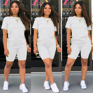 Women Tracksuit 2 Piece Set Solid Short Sleeve Crop Tops T-Shirt Short Pants Suit Matching Set Female Joggers Sportwear Fitness