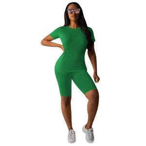 Women Tracksuit 2 Piece Set Solid Short Sleeve Crop Tops T-Shirt Short Pants Suit Matching Set Female Joggers Sportwear Fitness