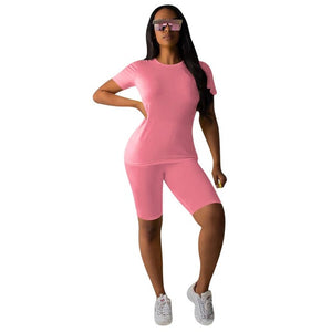 Women Tracksuit 2 Piece Set Solid Short Sleeve Crop Tops T-Shirt Short Pants Suit Matching Set Female Joggers Sportwear Fitness