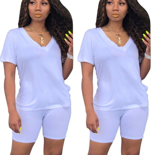 Women Tracksuit 2 Piece Set Solid Short Sleeve Crop Tops T-Shirt Short Pants Suit Matching Set Female Joggers Sportwear Fitness