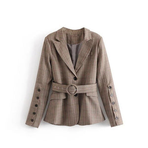 New Fashion Single Breasted Sashes Women Plaid Blazers Notched Vintage Cotton Linen Long Sleeve High Waist Loose Blazer Coats