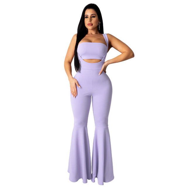 Tsuretobe 2 Pieces Set Women Summer Tracksuit Strapless Crop Top And Spaghetti Strap Jumpsuit Flare Pants Hollow Out Club Outfit