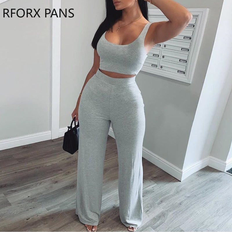 Women Solid Crop Short Tank Top & Long Pants Set Two Piece Set Casual Look Women Suits