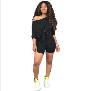 two piece  women new summer three quarter length sleeve tie up hem off shoulder top shorts suit two piece set tracksuit outfit