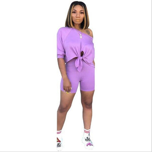two piece  women new summer three quarter length sleeve tie up hem off shoulder top shorts suit two piece set tracksuit outfit
