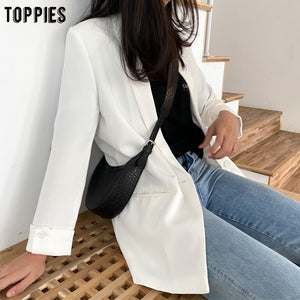 2020 Women Solid Color Long Blazer Jacket Pleated Sleeve Loose Coat Office Lady Work Style Small Suit Single Button Blazer