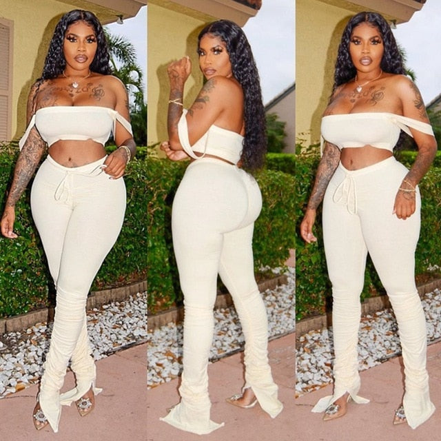 Summer Women Set Clothes Sexy Two Piece Set Top and Stacked Pants Matching Sets Party Bodycon 2 Piece Set Women Club Outfits