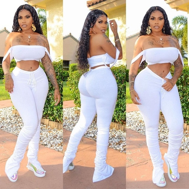 Summer Women Set Clothes Sexy Two Piece Set Top and Stacked Pants Matching Sets Party Bodycon 2 Piece Set Women Club Outfits