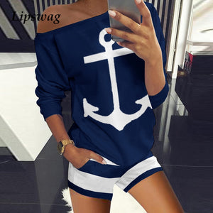 Sexy Off Shoulder Tops And Striped Shorts Suits Spring Summer Women Two Piece Sets Causal Printed Tracksuit Sportswear Outfit XL