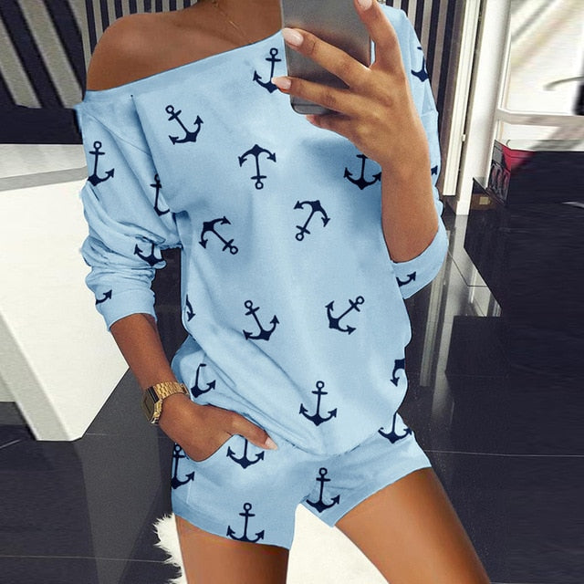 Sexy Off Shoulder Tops And Striped Shorts Suits Spring Summer Women Two Piece Sets Causal Printed Tracksuit Sportswear Outfit XL