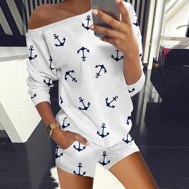 Sexy Off Shoulder Tops And Striped Shorts Suits Spring Summer Women Two Piece Sets Causal Printed Tracksuit Sportswear Outfit XL