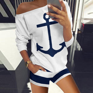 Sexy Off Shoulder Tops And Striped Shorts Suits Spring Summer Women Two Piece Sets Causal Printed Tracksuit Sportswear Outfit XL