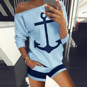 Sexy Off Shoulder Tops And Striped Shorts Suits Spring Summer Women Two Piece Sets Causal Printed Tracksuit Sportswear Outfit XL