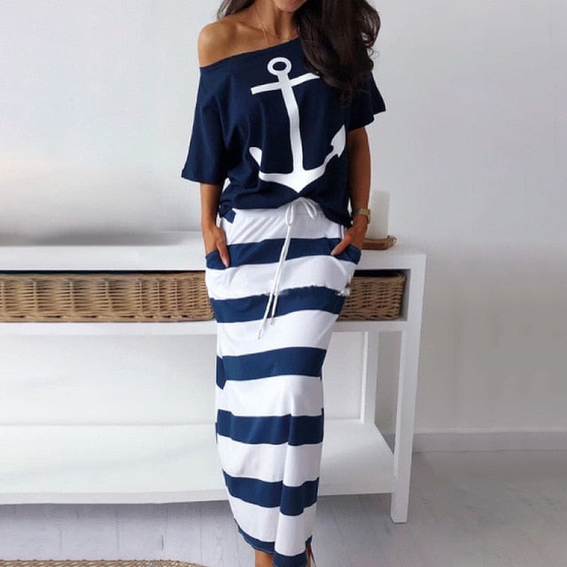 Sexy Off Shoulder Tops And Striped Shorts Suits Spring Summer Women Two Piece Sets Causal Printed Tracksuit Sportswear Outfit XL