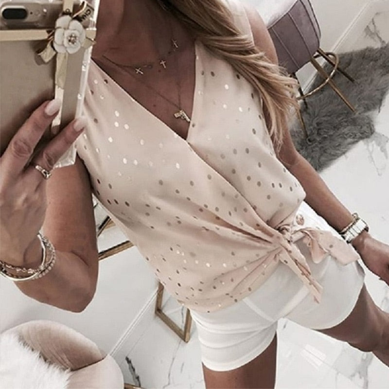 Polka Dot V-neck Women's Blouse Summer Sleeveless Lace Up Blouses Female Plus Size 2020 New Shiny Casual Fashion Womens Tops