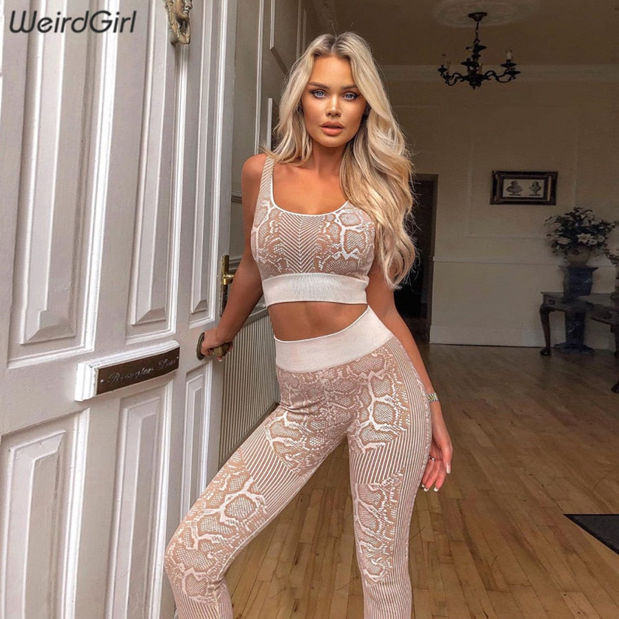 Women Snake Pattern Print Sets Two Pieces Fitness Tracksuit 2020 Elastic Tank Top With Pads High Waist Leggings Casual Sportwear