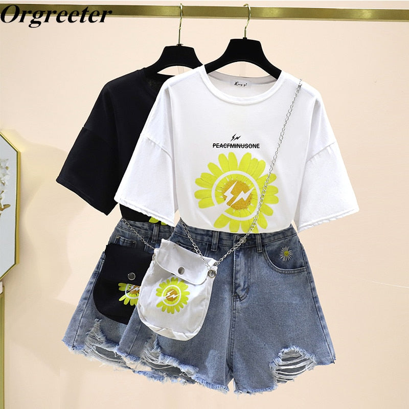 2020 Summer Hot Fashion 2 piece set Women Flower Printted Loose Tshirt and Daisy Embroidery Denim Shorts Suits With Free Bag