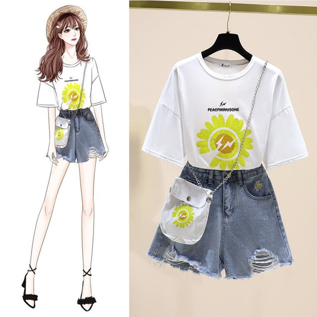 2020 Summer Hot Fashion 2 piece set Women Flower Printted Loose Tshirt and Daisy Embroidery Denim Shorts Suits With Free Bag