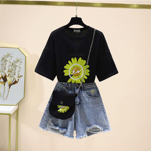 2020 Summer Hot Fashion 2 piece set Women Flower Printted Loose Tshirt and Daisy Embroidery Denim Shorts Suits With Free Bag