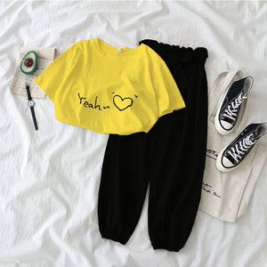 New Letter Printed 2 piece outfits women casual trousers suit Black pink female Two piece set Korean Tshirt and pants clothes