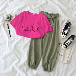 New Letter Printed 2 piece outfits women casual trousers suit Black pink female Two piece set Korean Tshirt and pants clothes