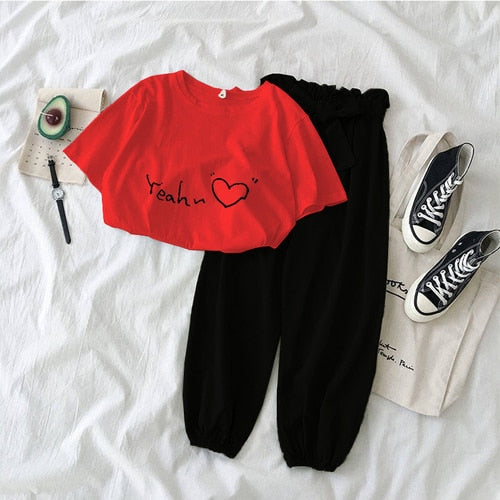 New Letter Printed 2 piece outfits women casual trousers suit Black pink female Two piece set Korean Tshirt and pants clothes