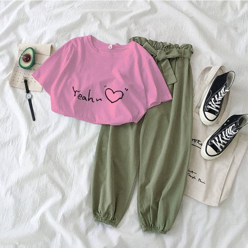 New Letter Printed 2 piece outfits women casual trousers suit Black pink female Two piece set Korean Tshirt and pants clothes