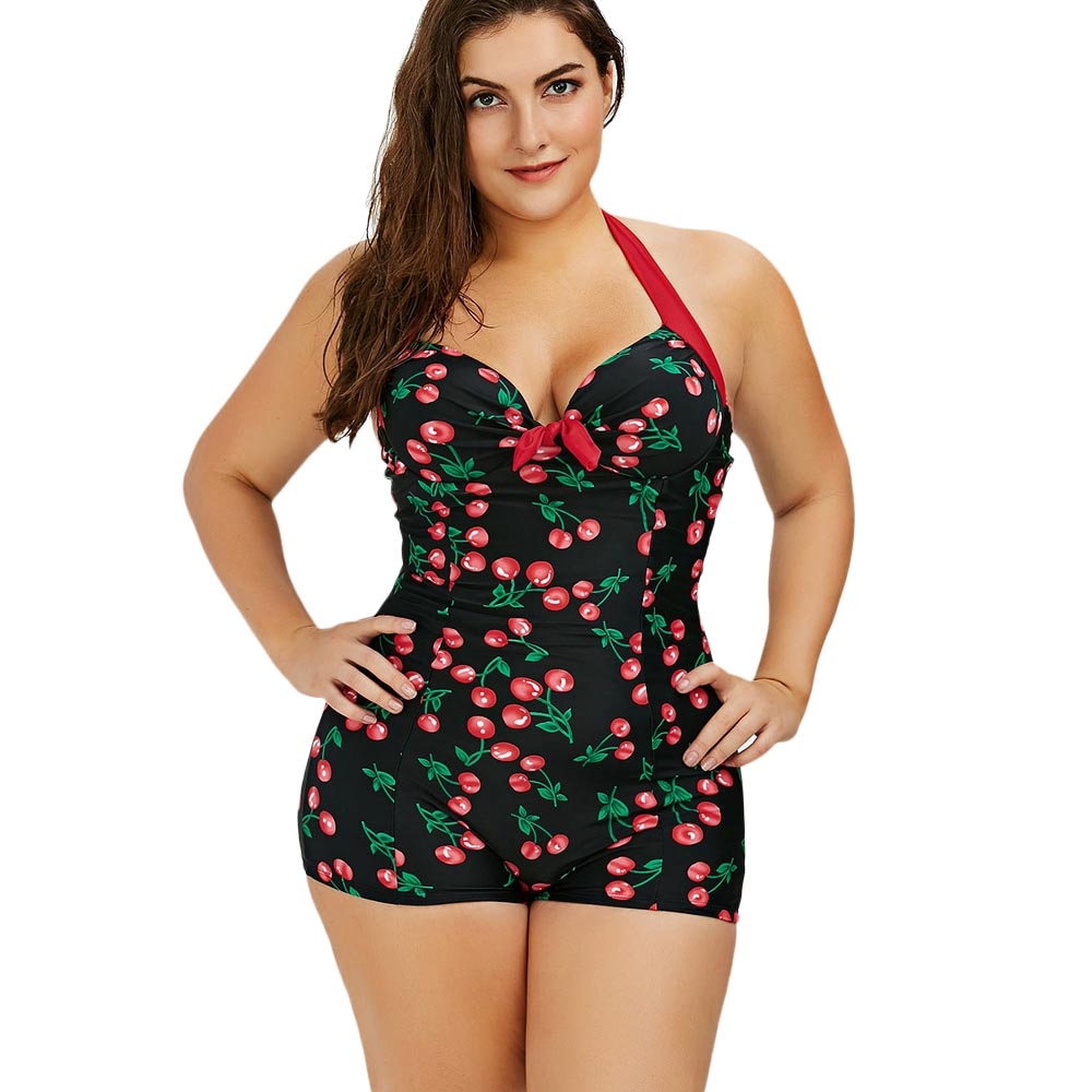 Wipalo Women Plus Size Halter Cherry Boyshort Vintage Bathing Suit Plunging Neck Casual Beach Swim Wear Summer Holiday Beach Set