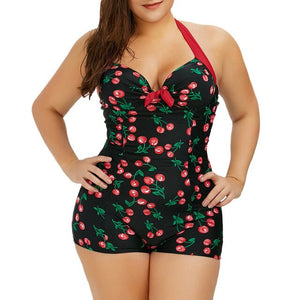 Wipalo Women Plus Size Halter Cherry Boyshort Vintage Bathing Suit Plunging Neck Casual Beach Swim Wear Summer Holiday Beach Set