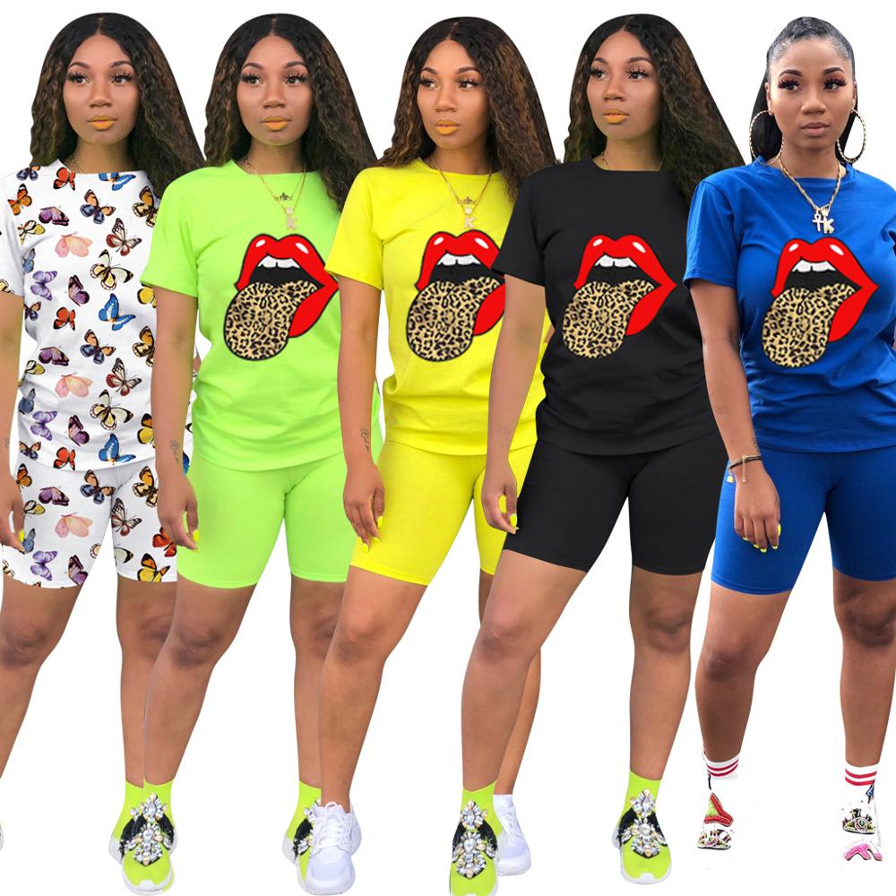 2020 New Women Print Two Pieces Biker Shorts Sets T-Shirt + Biker Shorts Outfits 2 Piece Set Fitness Women Summer Tracksuits