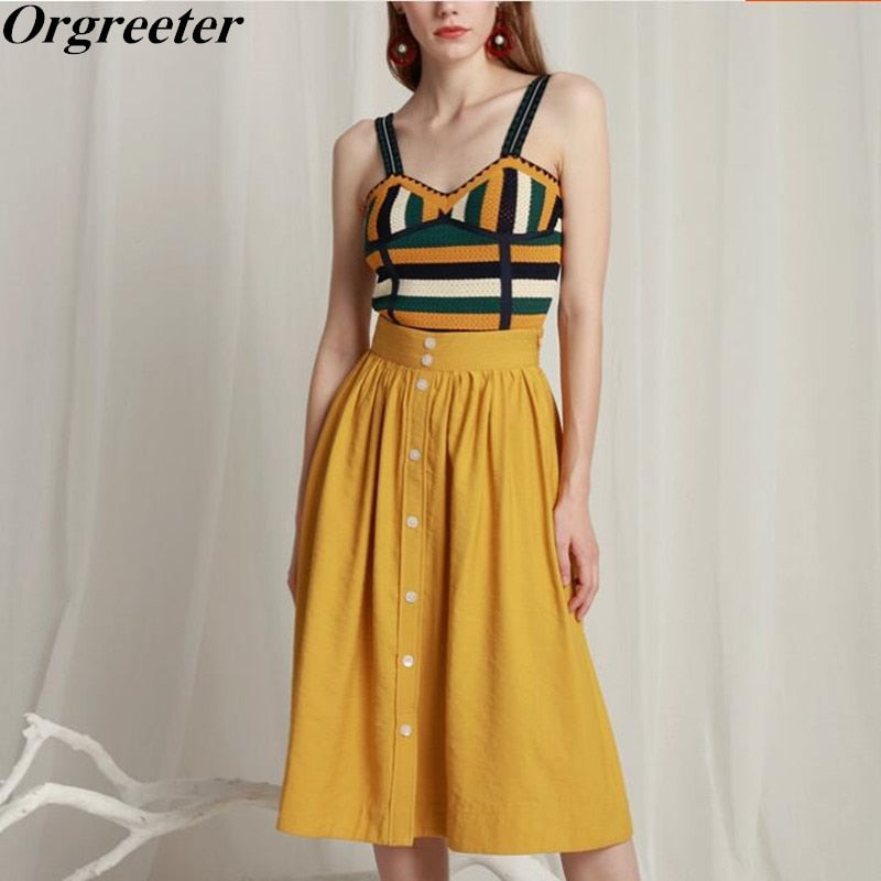 2020 Summer New Coloured Striped Knitted Yellow Sleeveless Vest Top + Button Skirt Suits Womens Holiday Beach 2 Piece Sets