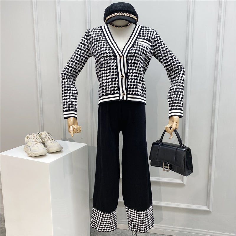 2020 Spring Fall New Temperament V-neck Houndstooth Knitted Cardigan and pants 2 piece set Women Fashion Wide leg Pants Suit