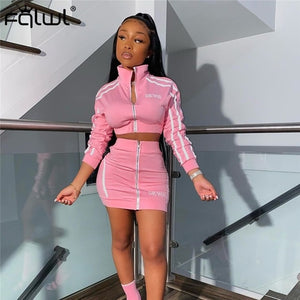 FQLWL Streetwear Two Piece Set Women Suits Summer Club Neon Pink Outfits 2 Piece Skirt Set Tracksuit Female Ladies Matching Sets