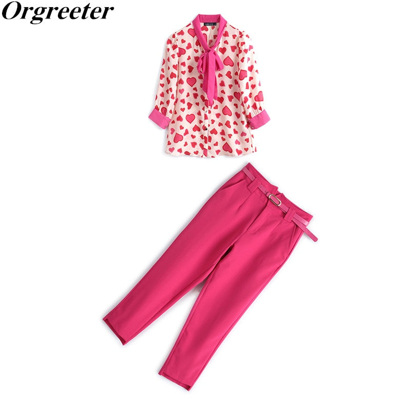 New Brand OL Work Wear 2 pieces Sets Sweet Love print Bow Lace-up Chiffon Shirts and Solid Pencil Pants Suits Casual Outfits