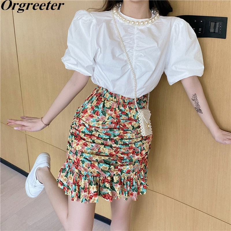 Summer New Chic Pearl neck Pleated bubble sleeve White Shirt + High waist Floral Ruched Bodycon Fishtail Skirt 2 Piece Sets