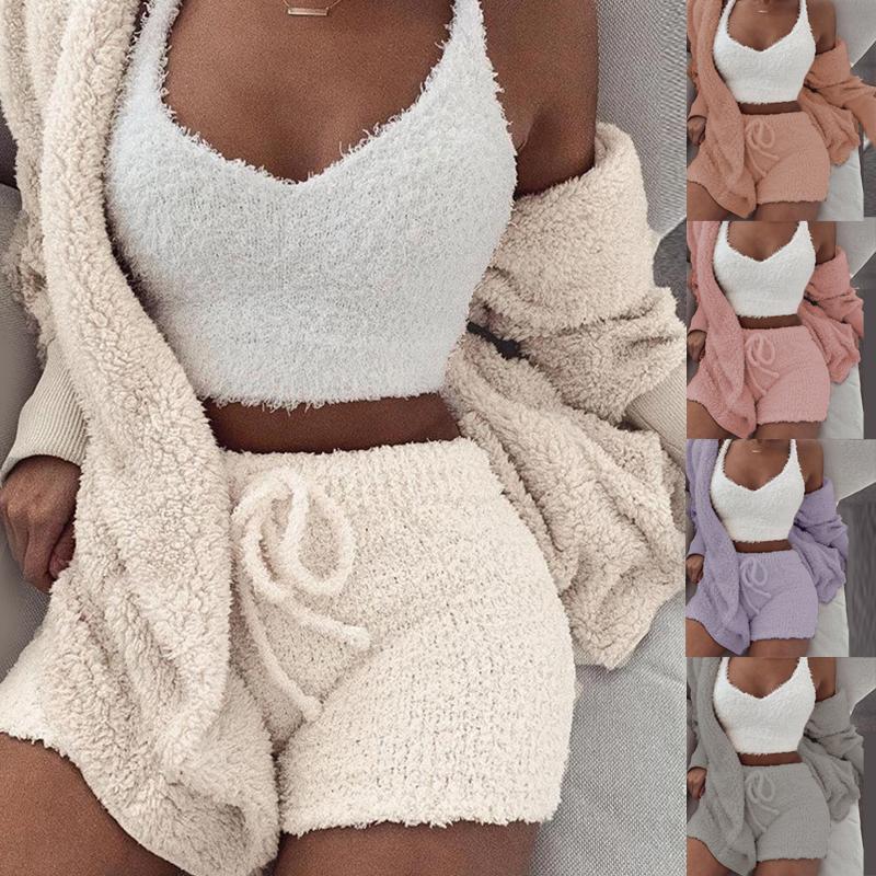 2PCS/Sets Sexy Fluffy Suits Hooded Plush Coat Shorts Crop Top Women Winter Warm Tracksuit Casual Sports Overalls Sweatshirts