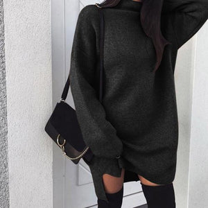 Casual Women Autumn Solid Color Turtle Neck Loose Plus Size Knitted Mini Dress new