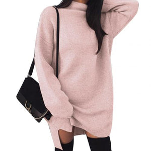 Casual Women Autumn Solid Color Turtle Neck Loose Plus Size Knitted Mini Dress new
