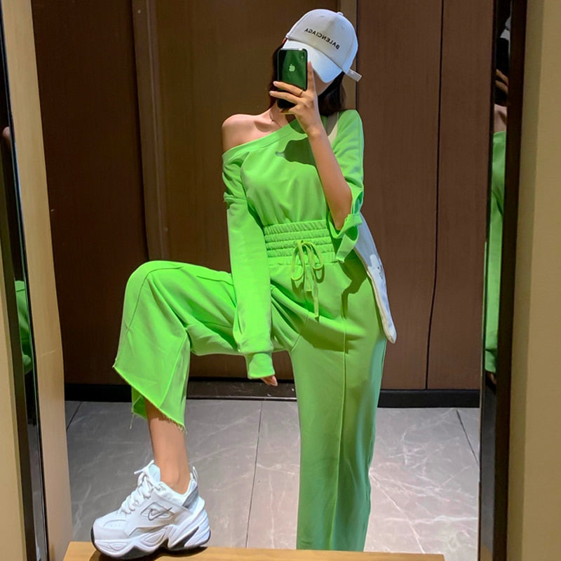 2020 New Spring two pice set Summer Fashion Women Clothes Slash Neck Full Sleeves Short Top And High Waist Full Length Pants T29