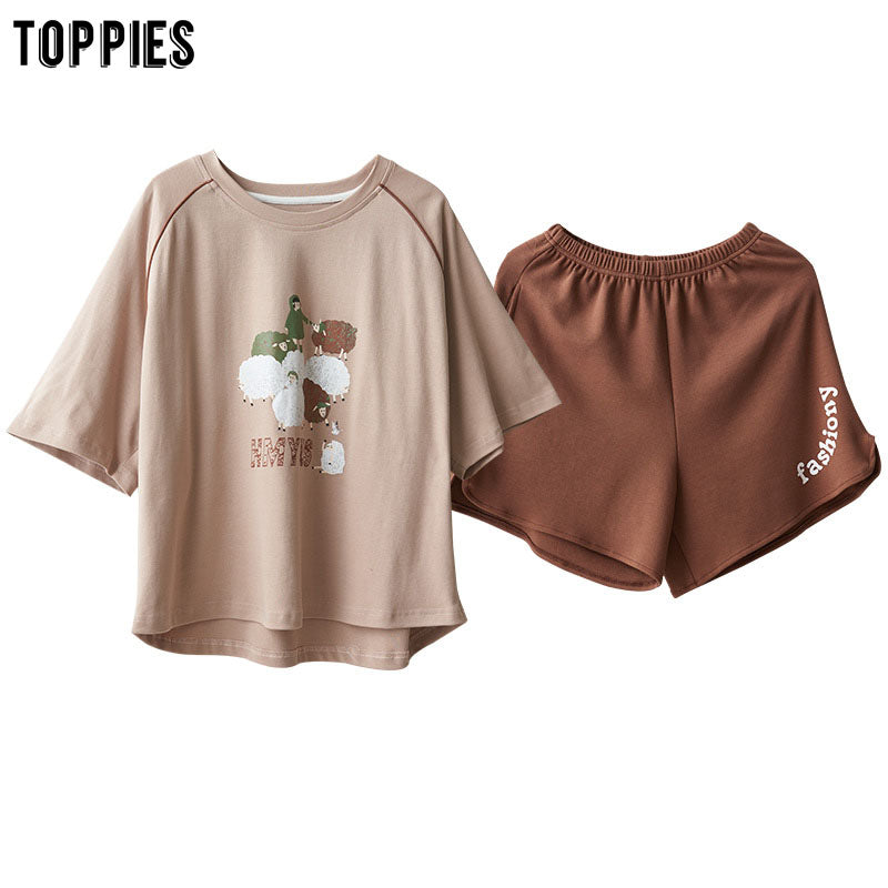 toppies cartoon pajamas sets women's summer short-sleeved t-shirts shorts sweet sleepwear korean home clothes 2020