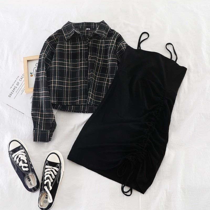 stylish women sets plaid blouse and black straped dresses lady elegant casual dress suits top quality