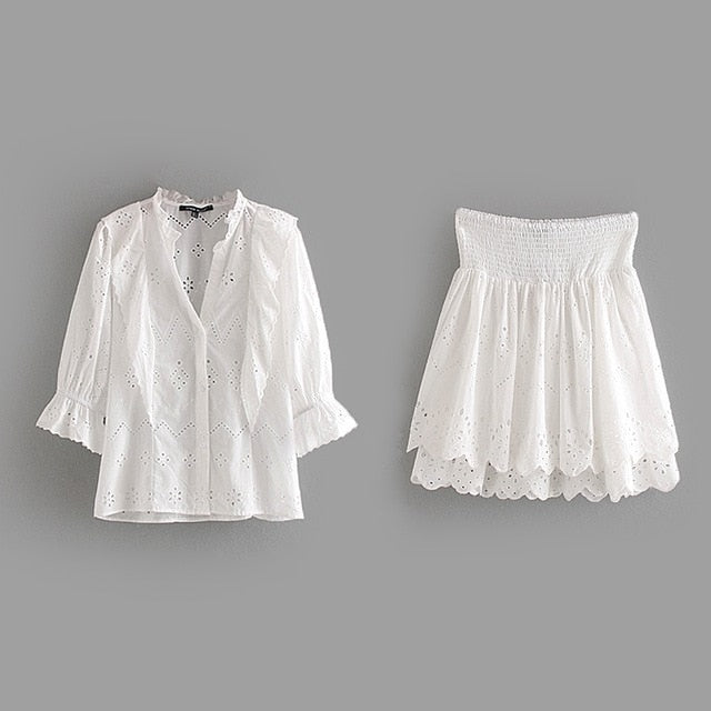 2 Pcs Set Women Skirt Sets Summer Preppy Style Sweet Cotton Blouse Skirt Sets Cacading Ruffles Embroidered Tops Sets CF9265