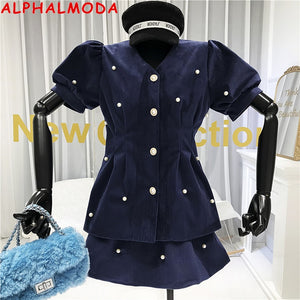 ALPHALMODA 2020 Spring New Elegant Women Beaded Skirt Set Short-sleeved V-neck Corduroy Lined Suit High Waist Fashion Set